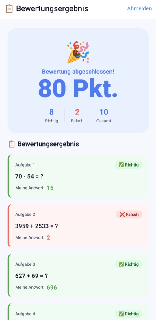 Das Bewertungsergebnis mit 80 Punkten, 8 richtig und 2 falsch, darunter die eigene Antwort des Kindes zu jeder Aufgabe