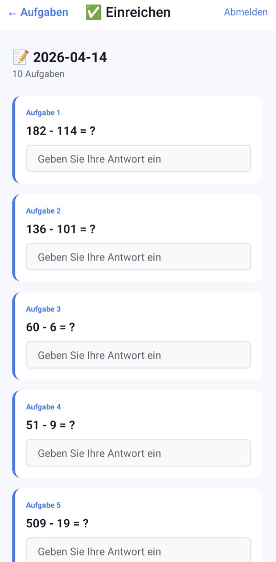 Der Lösungsbildschirm mit Aufgaben wie 182 - 114 = ? und je einem Eingabefeld für die Antwort des Kindes