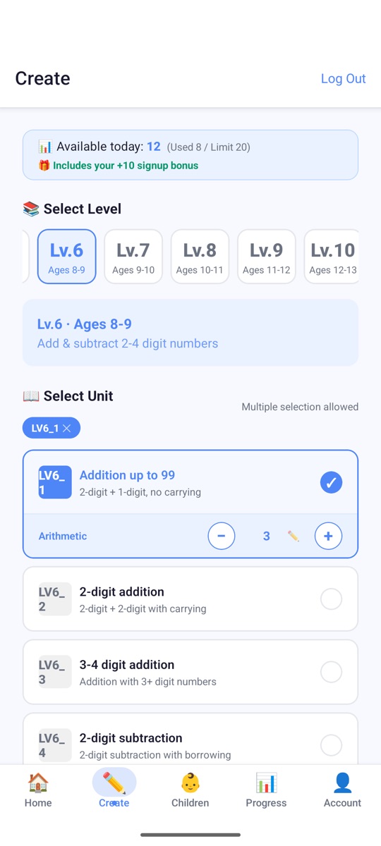 The Create screen. Choose a level such as Lv.6 (Ages 8-9), then select a unit like Addition up to 99.