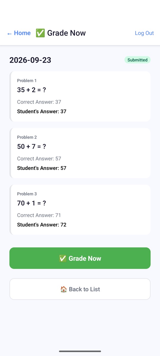 The grading screen, showing the correct answer and the child's answer side by side