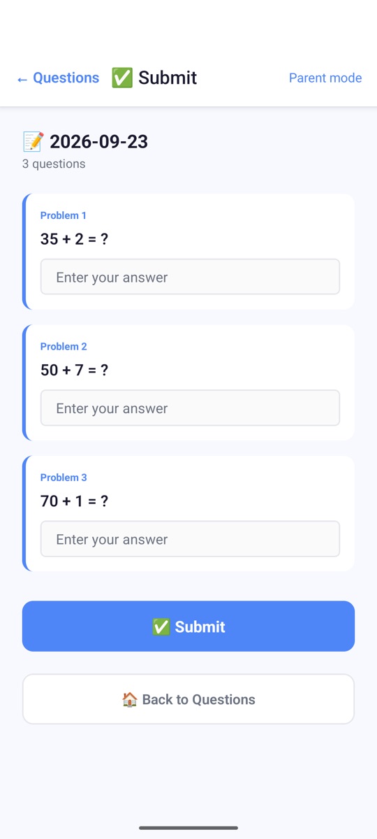 The solving screen, where a problem like 35 + 2 appears and the child enters the answer