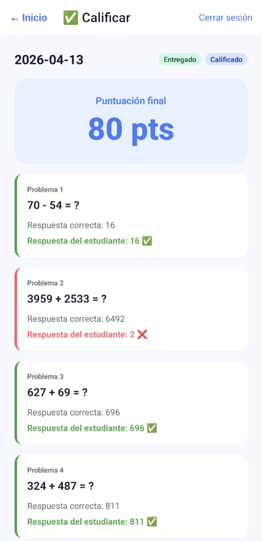 Pantalla Calificar con una puntuación final de 80 pts, que muestra la respuesta correcta y la respuesta del estudiante en cada problema