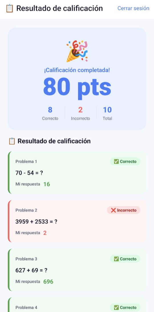 Resultado de calificación: 80 pts, con 8 correctas y 2 incorrectas, y la respuesta del niño en cada problema