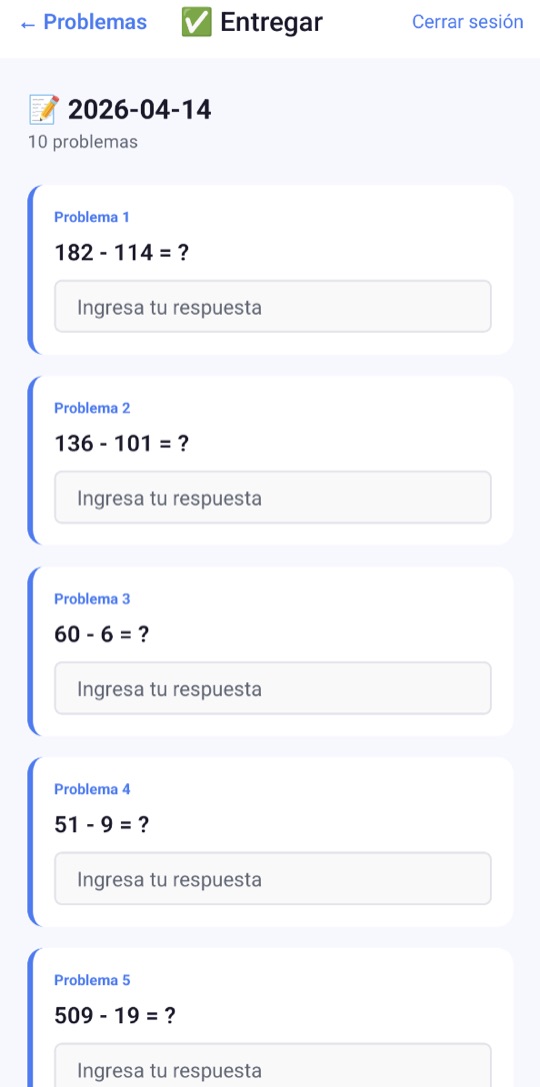 Pantalla para resolver, con restas como 182 - 114 = ? y una casilla para escribir la respuesta debajo de cada problema