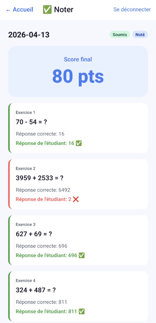Écran de correction avec un score final de 80 pts, affichant la bonne réponse et la réponse de l'élève pour chaque exercice