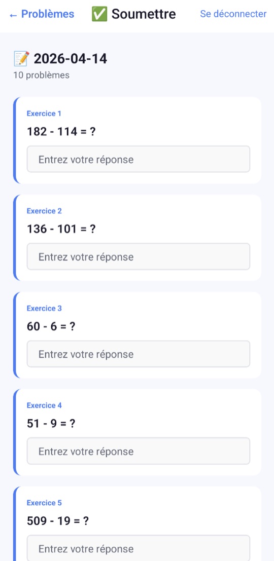 Écran de résolution avec des soustractions comme 182 - 114 = ? et un champ pour saisir la réponse sous chaque exercice