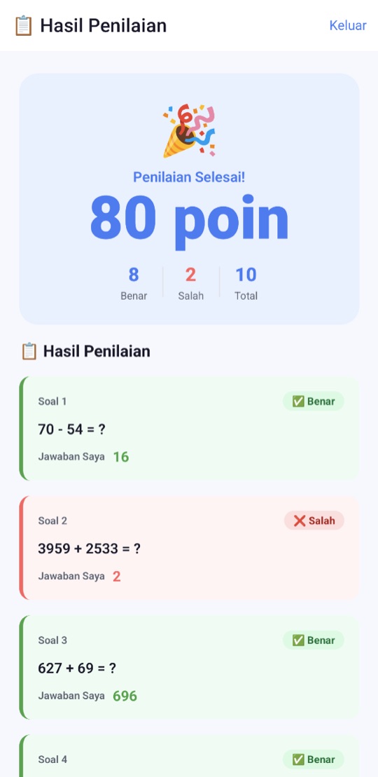 Layar hasil penilaian dengan nilai 80 poin: 8 benar dan 2 salah dari total 10 soal