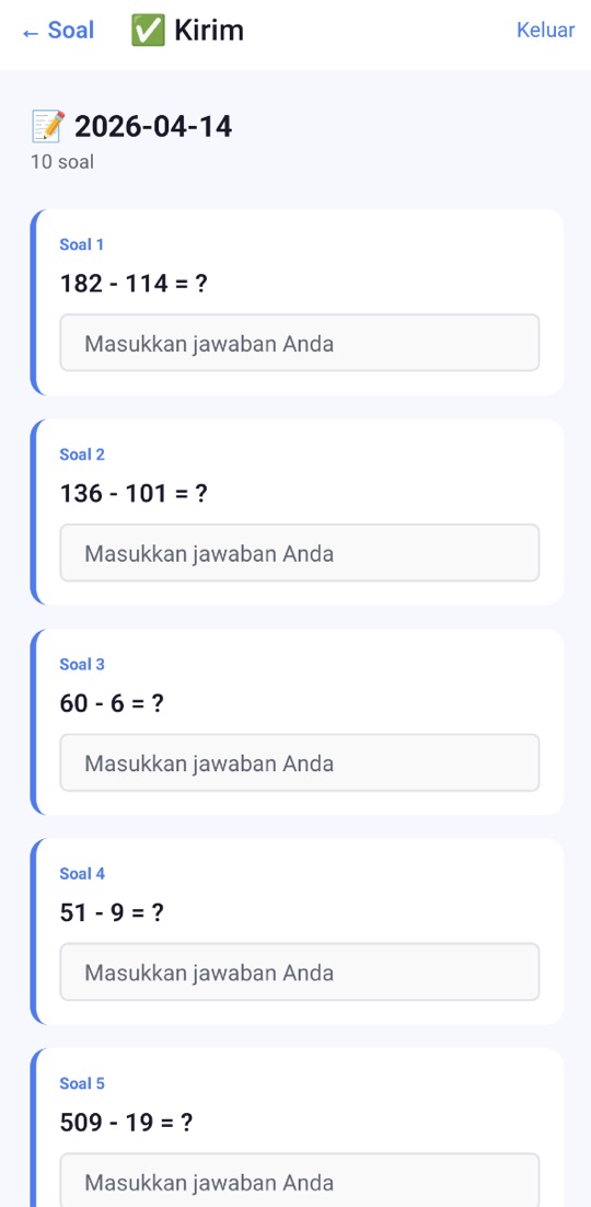 Layar mengerjakan soal dengan soal pengurangan seperti 182 - 114 = ? dan kolom untuk memasukkan jawaban