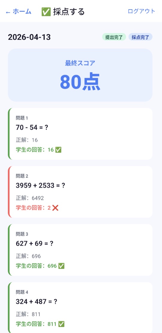 採点画面。最終スコア80点と、問題ごとの正解とお子さまの答えが並んで表示されている