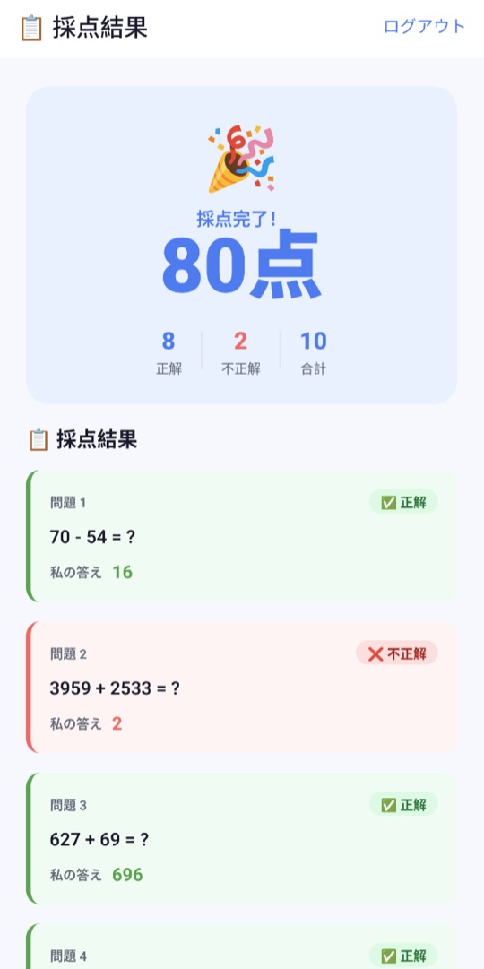 採点結果画面。80点、正解8・不正解2・合計10と、問題ごとの正解・不正解が表示されている