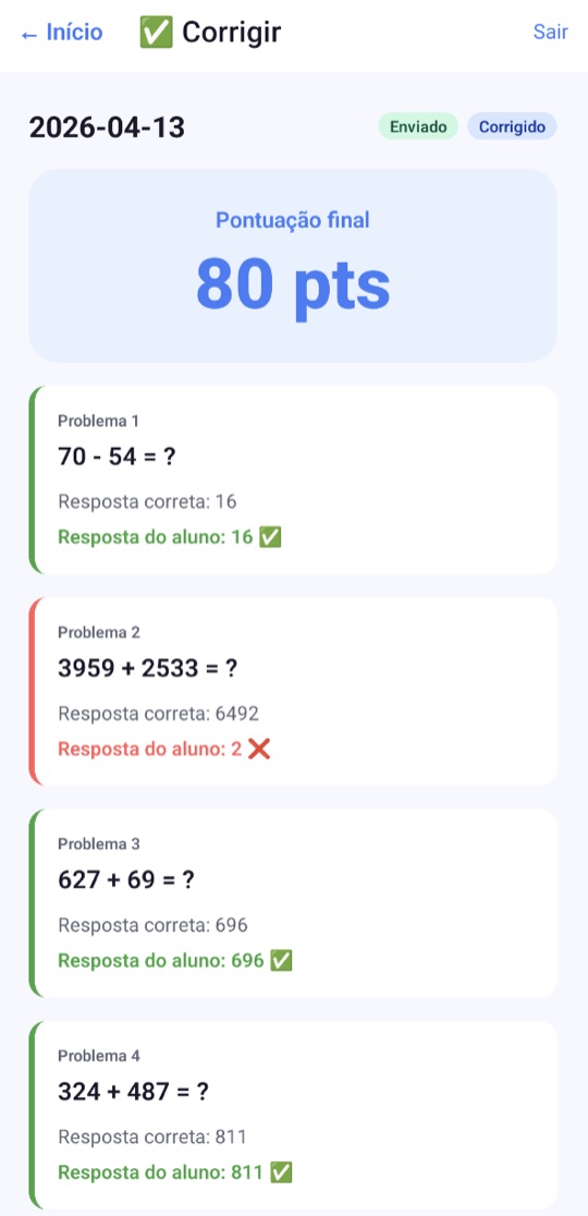 Tela Corrigir com pontuação final de 80 pts, mostrando a resposta correta e a resposta do aluno em cada problema