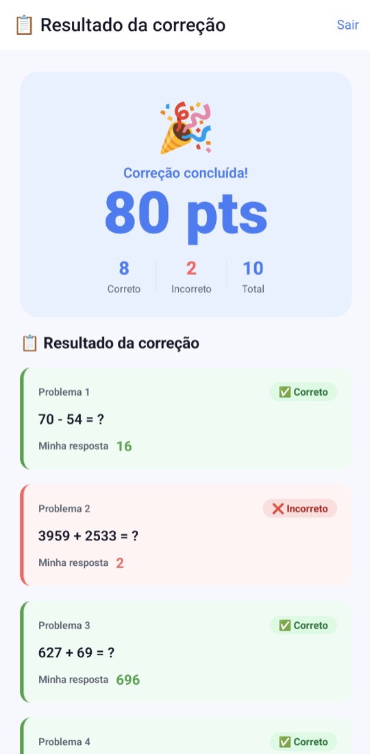 Resultado da correção: 80 pts, com 8 corretas e 2 incorretas, e a resposta da criança em cada problema