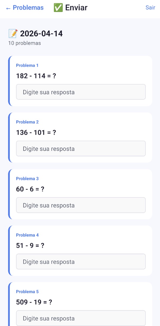 Tela de resolução com subtrações como 182 - 114 = ? e um campo para digitar a resposta embaixo de cada problema