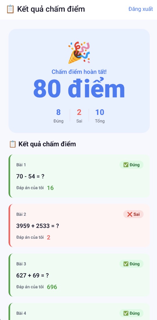 Màn hình kết quả chấm điểm 80 điểm: đúng 8, sai 2, tổng 10 câu
