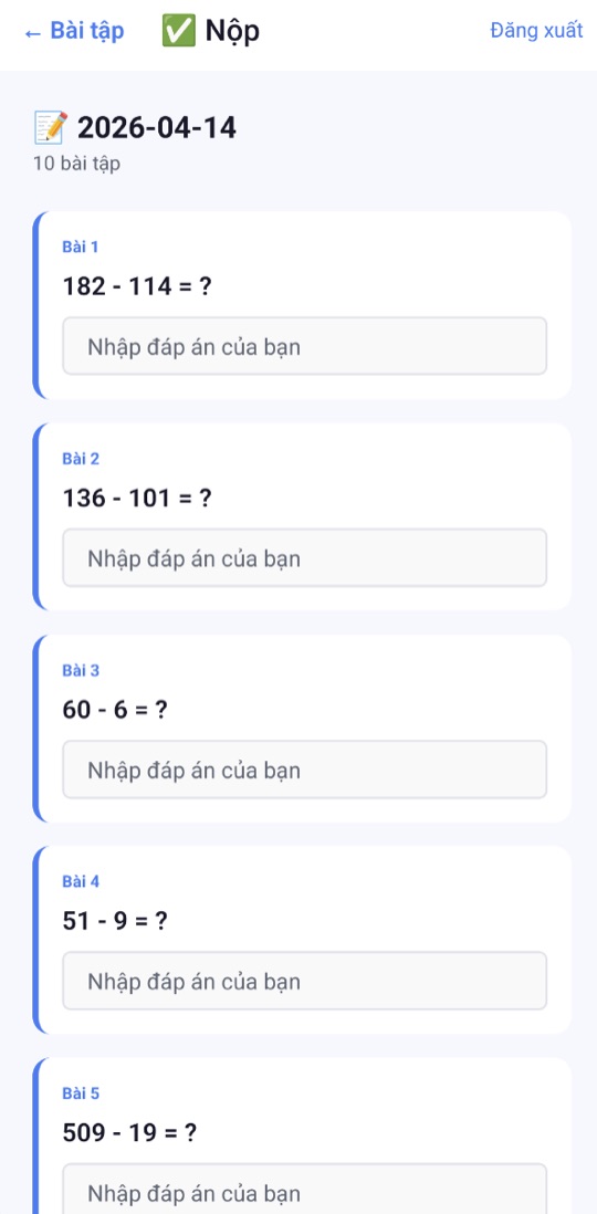 Màn hình làm bài với các phép trừ như 182 - 114 = ? và ô để con nhập đáp án