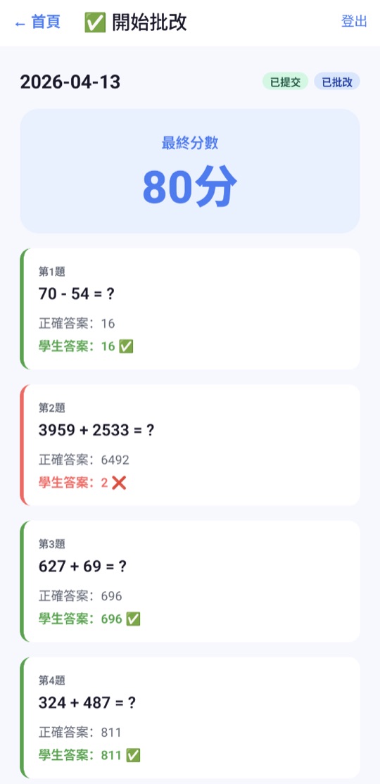 批改畫面：顯示最終分數80分，並逐題對照正確答案和孩子的答案